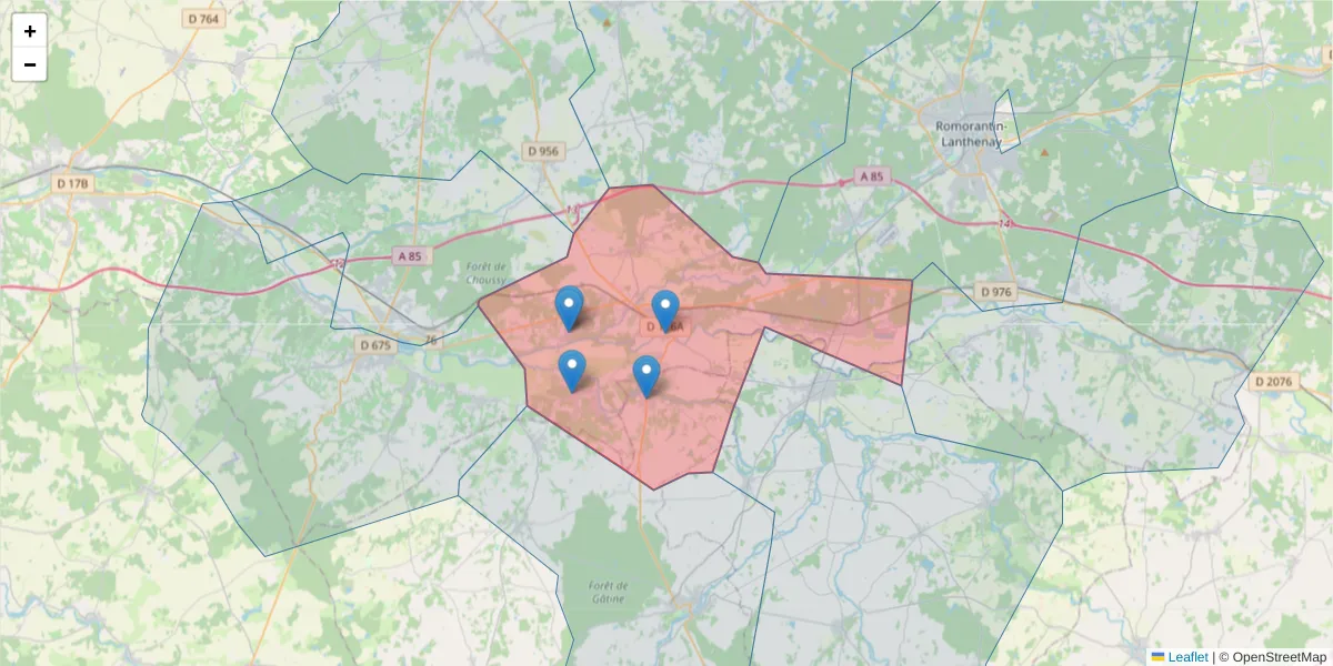 Carte de la zone du code postal  et des codes postaux voisins en France