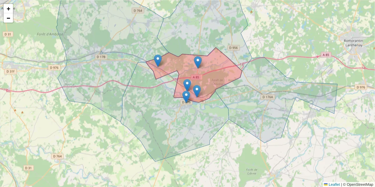 Carte de la zone du code postal  et des codes postaux voisins en France