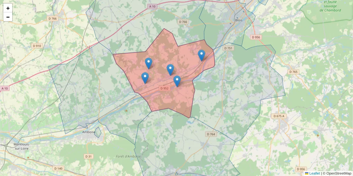 Carte de la zone du code postal  et des codes postaux voisins en France