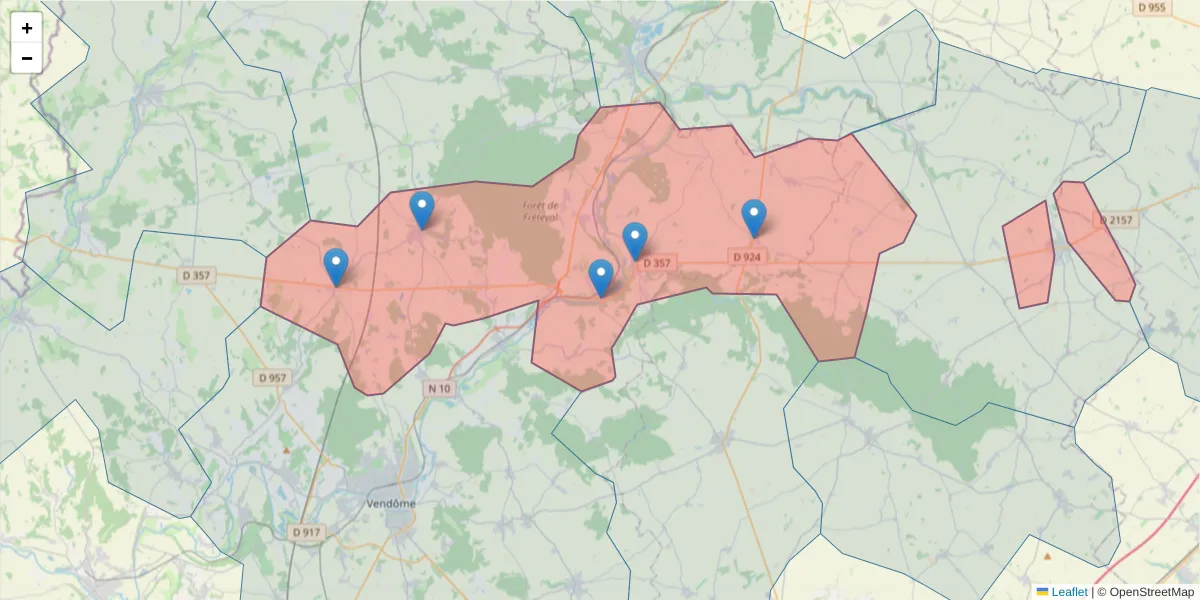Carte de la zone du code postal  et des codes postaux voisins en France