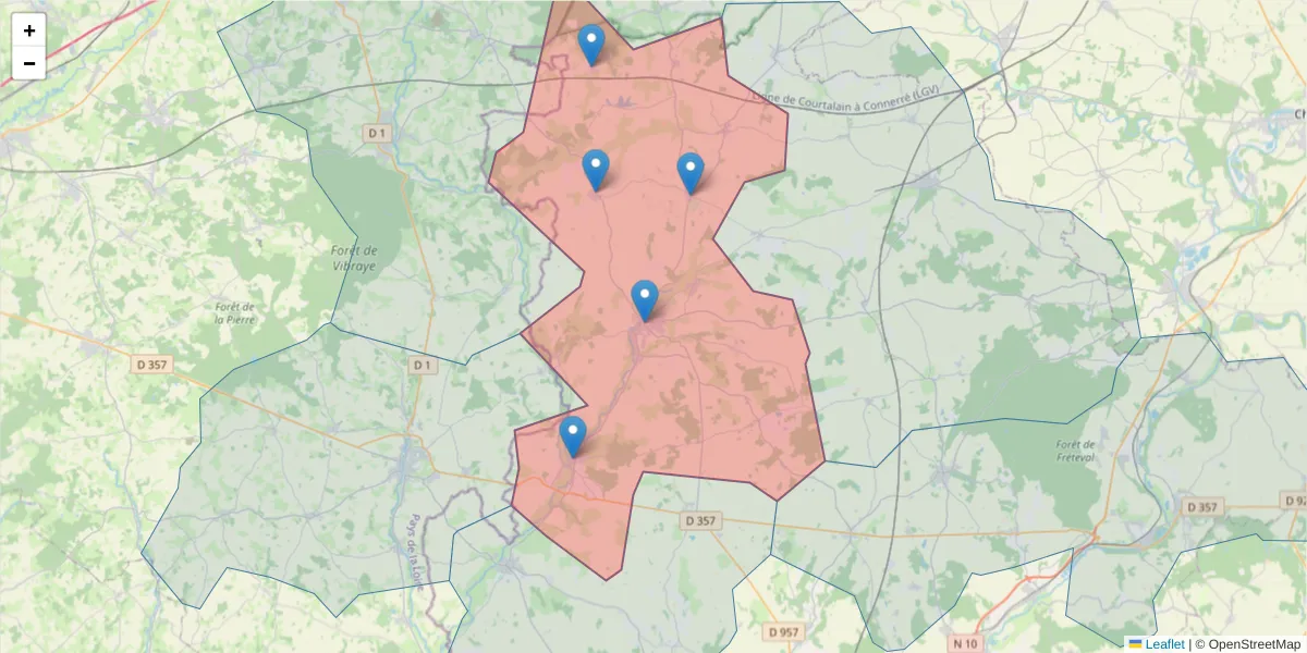 Carte de la zone du code postal  et des codes postaux voisins en France