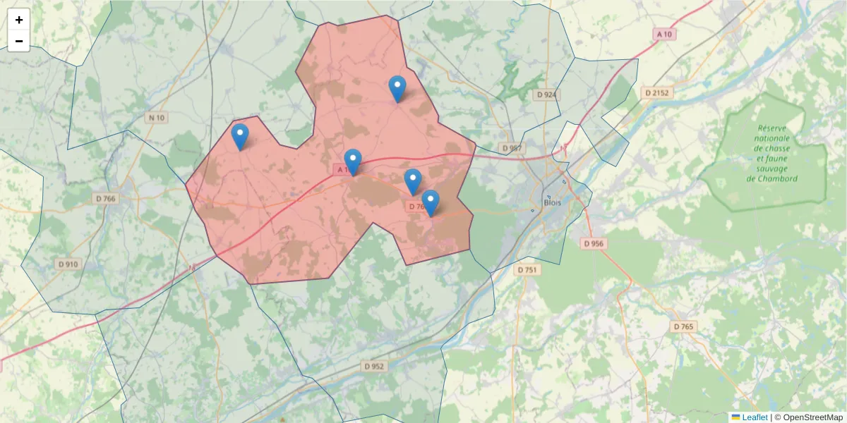 Carte de la zone du code postal  et des codes postaux voisins en France