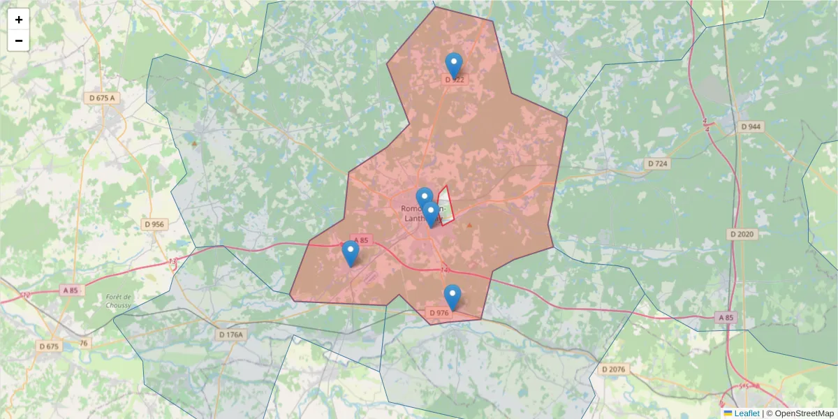 Carte de la zone du code postal  et des codes postaux voisins en France