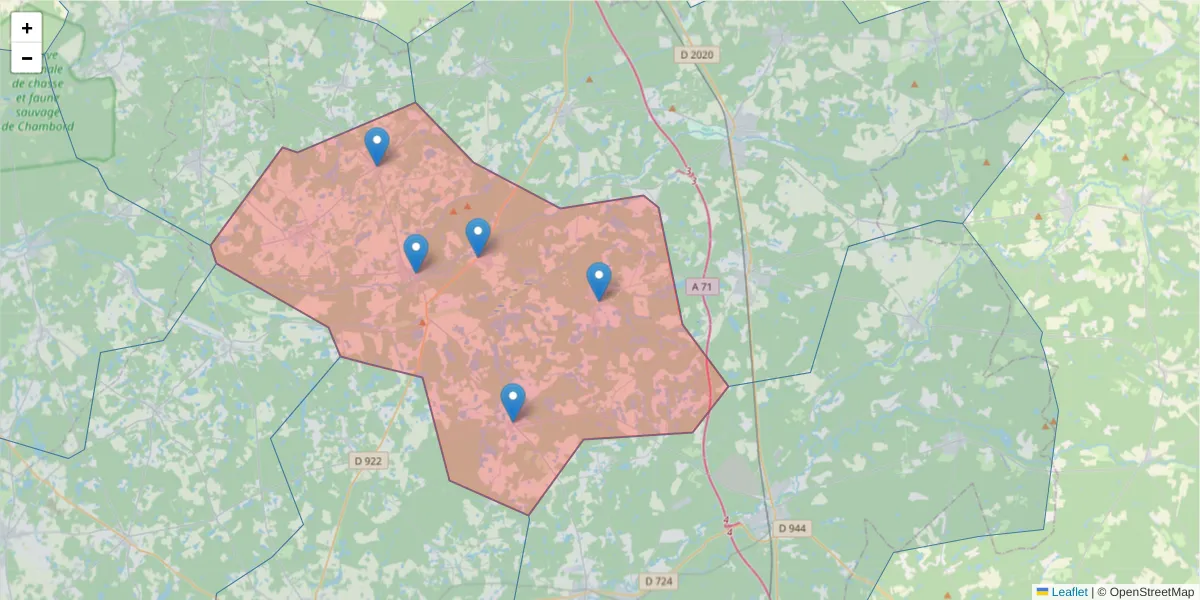 Carte de la zone du code postal  et des codes postaux voisins en France