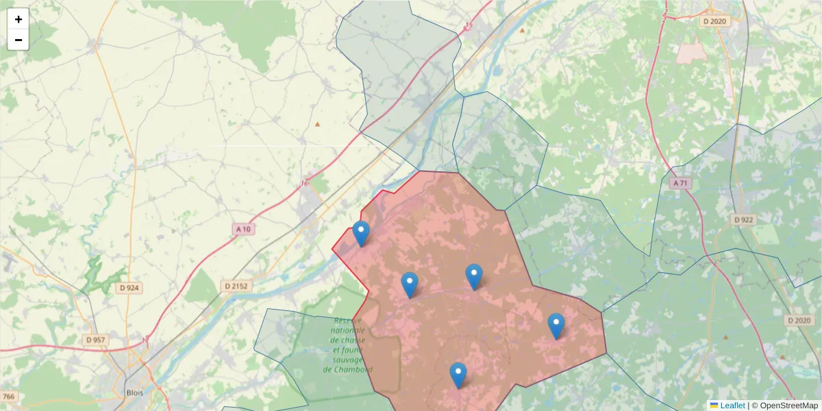 Carte de la zone du code postal  et des codes postaux voisins en France