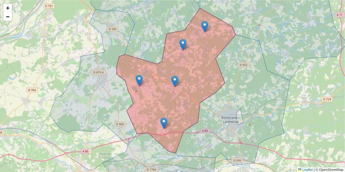 Carte de la zone du code postal  et des codes postaux voisins en France