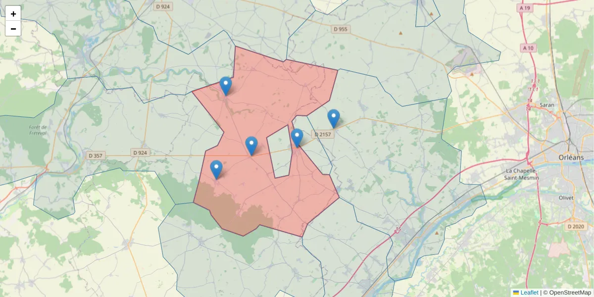Carte de la zone du code postal  et des codes postaux voisins en France