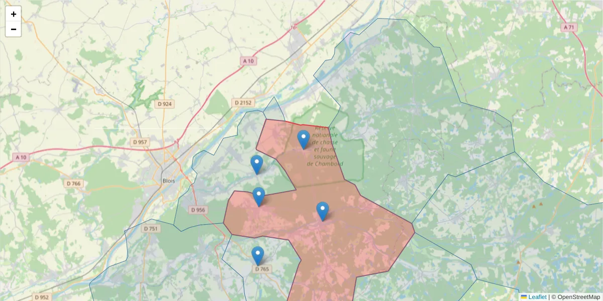 Carte de la zone du code postal  et des codes postaux voisins en France