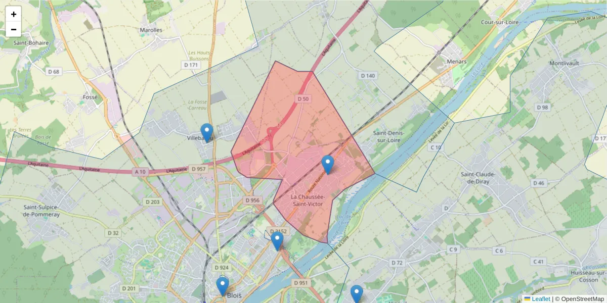 Carte de la zone du code postal  et des codes postaux voisins en France