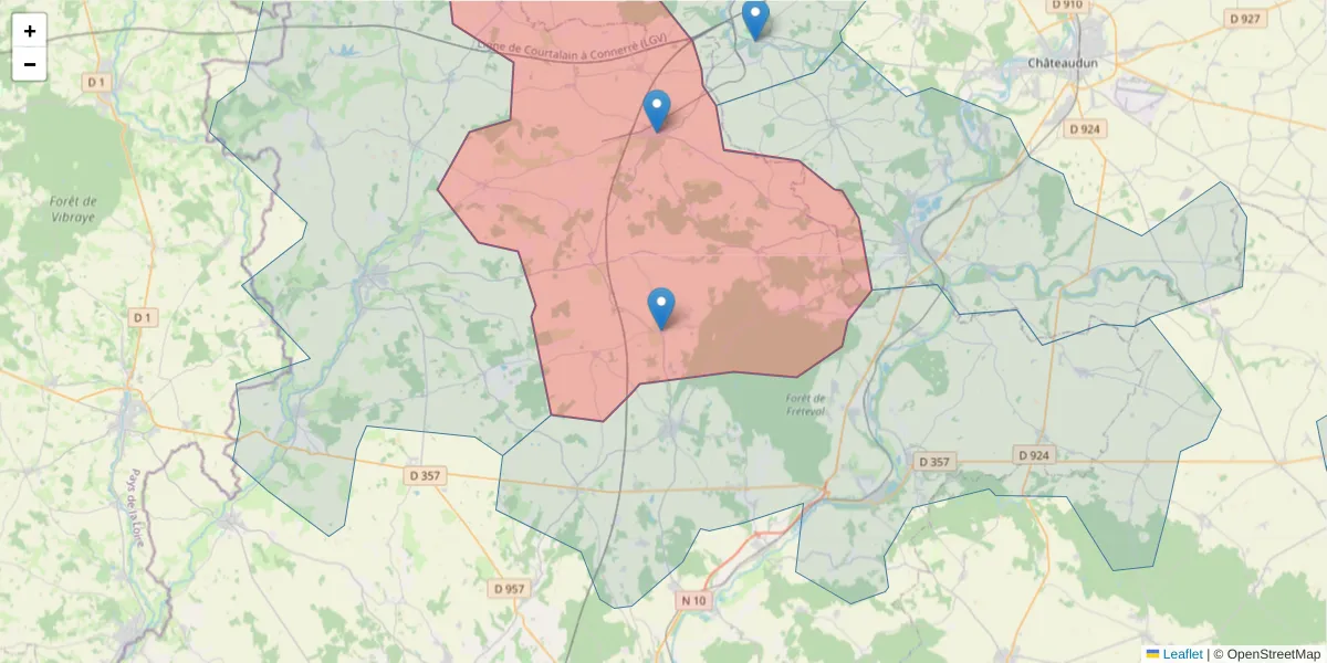 Carte de la zone du code postal  et des codes postaux voisins en France