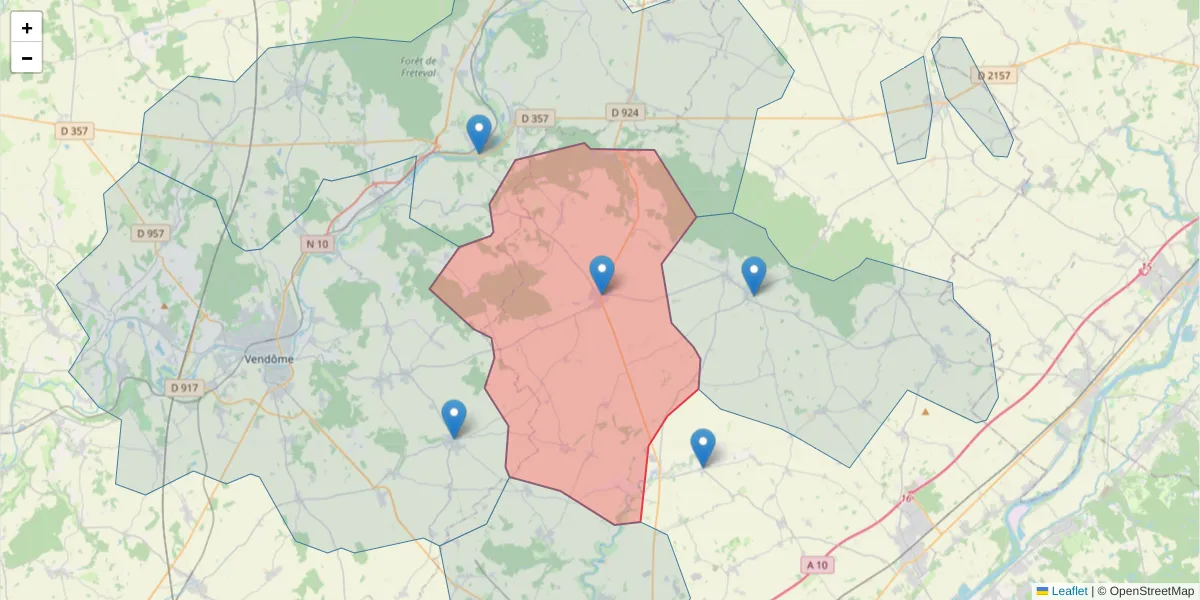 Carte de la zone du code postal  et des codes postaux voisins en France