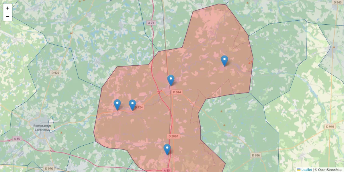 Carte de la zone du code postal  et des codes postaux voisins en France