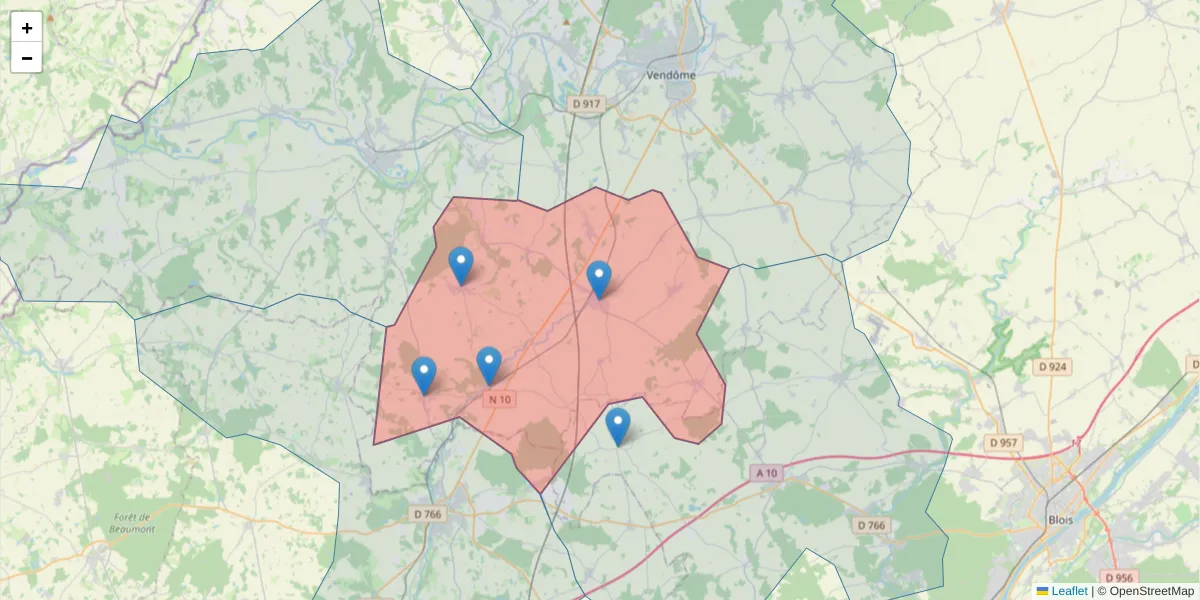 Carte de la zone du code postal  et des codes postaux voisins en France