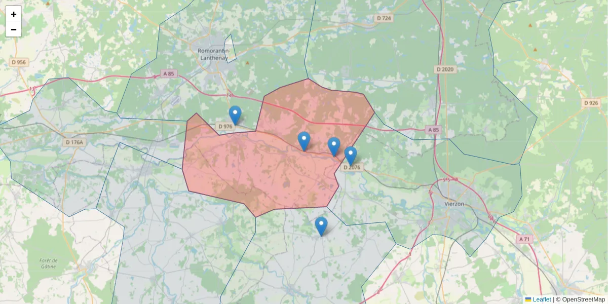 Carte de la zone du code postal  et des codes postaux voisins en France