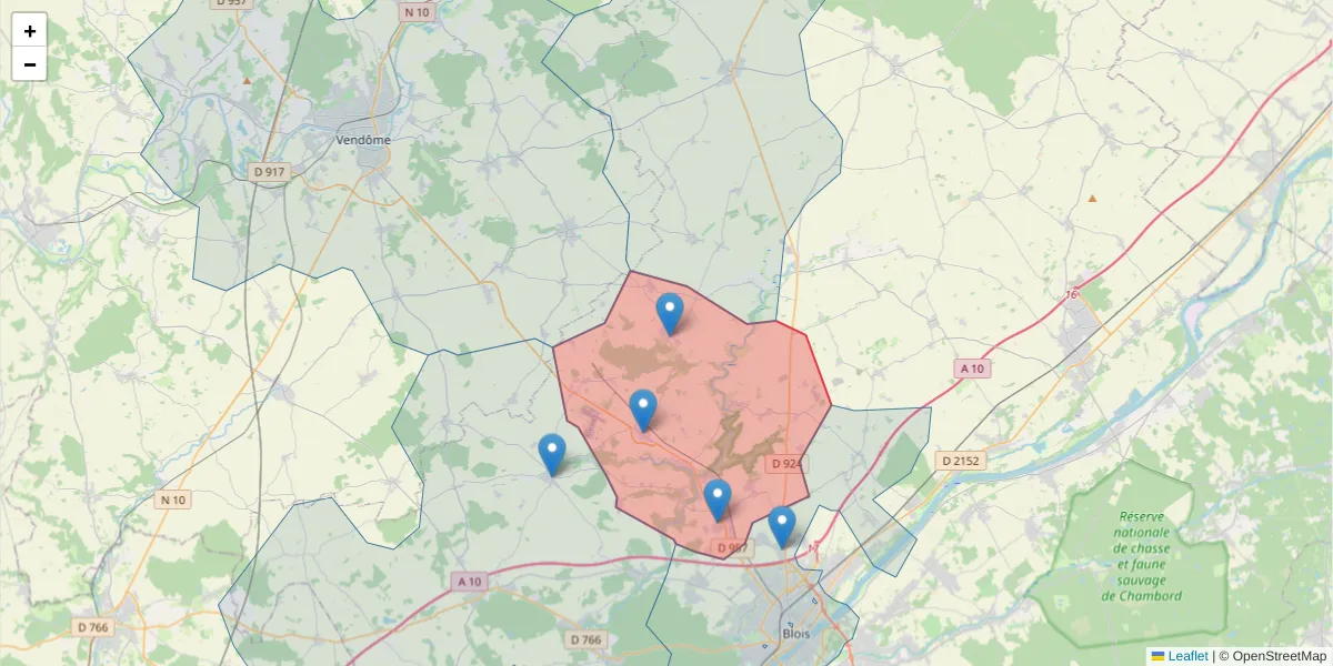 Carte de la zone du code postal  et des codes postaux voisins en France