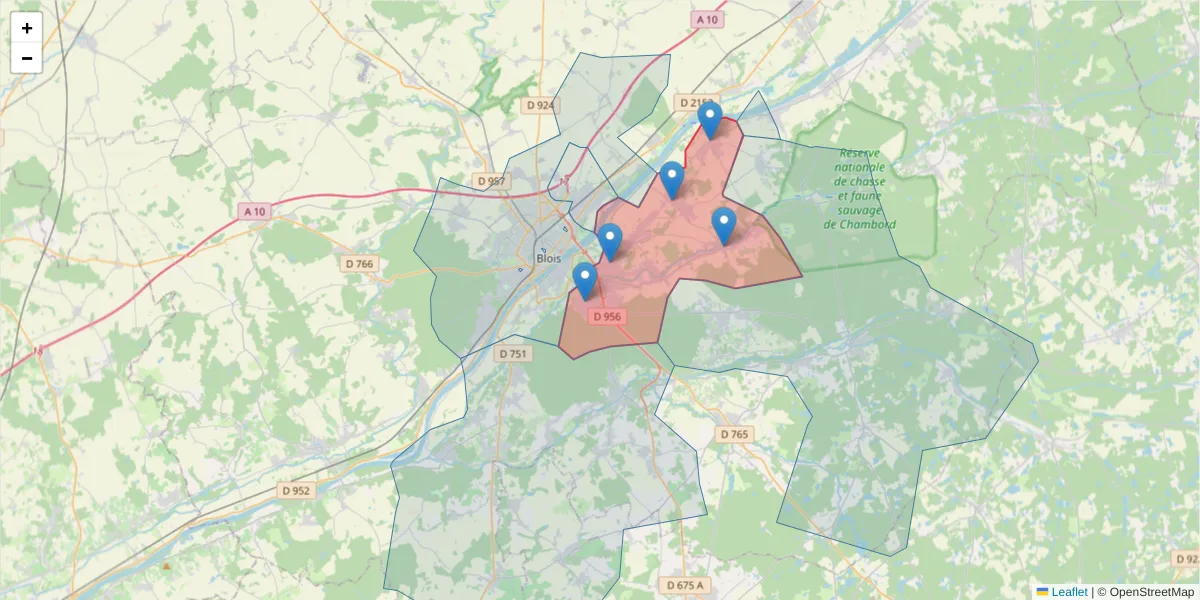 Carte de la zone du code postal  et des codes postaux voisins en France