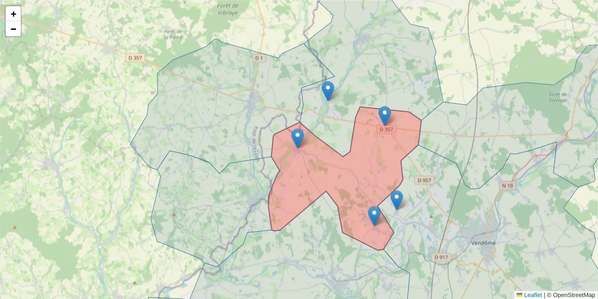 Carte de la zone du code postal  et des codes postaux voisins en France