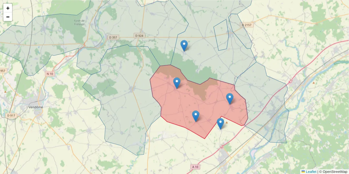 Carte de la zone du code postal  et des codes postaux voisins en France