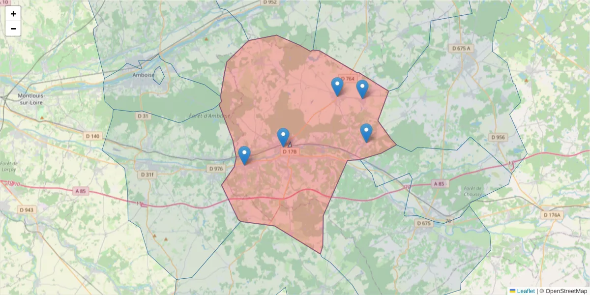 Carte de la zone du code postal  et des codes postaux voisins en France