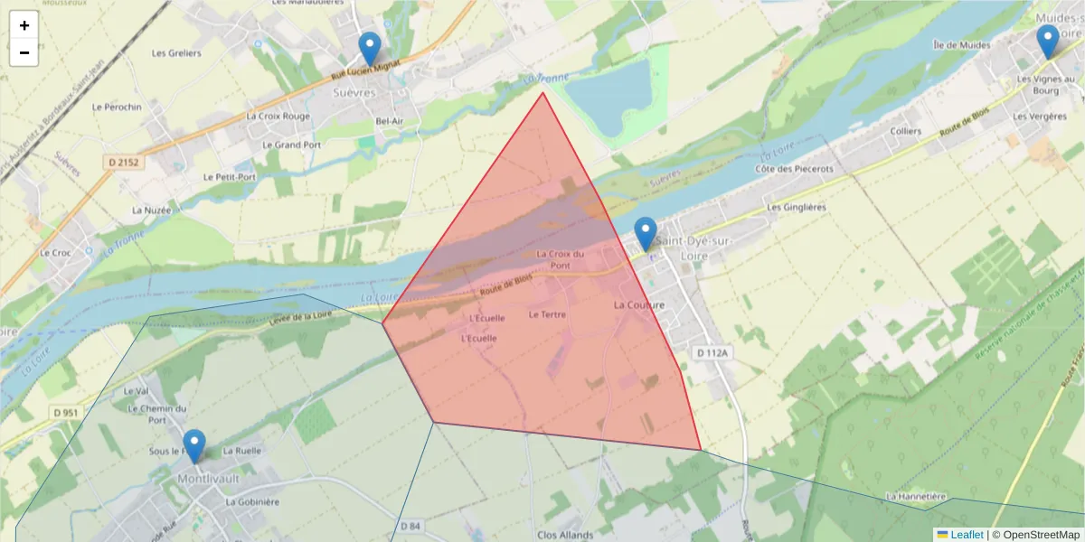 Carte de la zone du code postal  et des codes postaux voisins en France