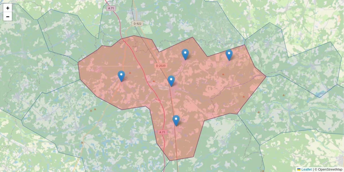 Carte de la zone du code postal  et des codes postaux voisins en France