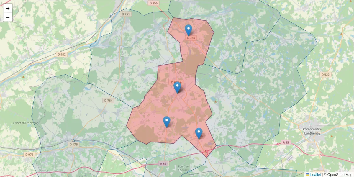 Carte de la zone du code postal  et des codes postaux voisins en France