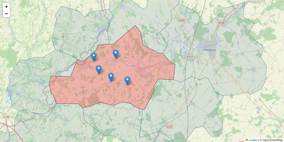 Carte de la zone du code postal  et des codes postaux voisins en France