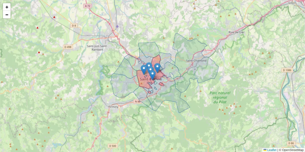 Carte de la zone du code postal  et des codes postaux voisins en France
