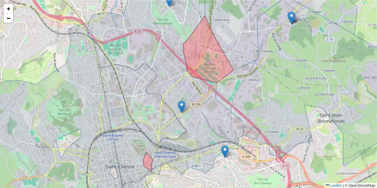 Carte de la zone du code postal  et des codes postaux voisins en France