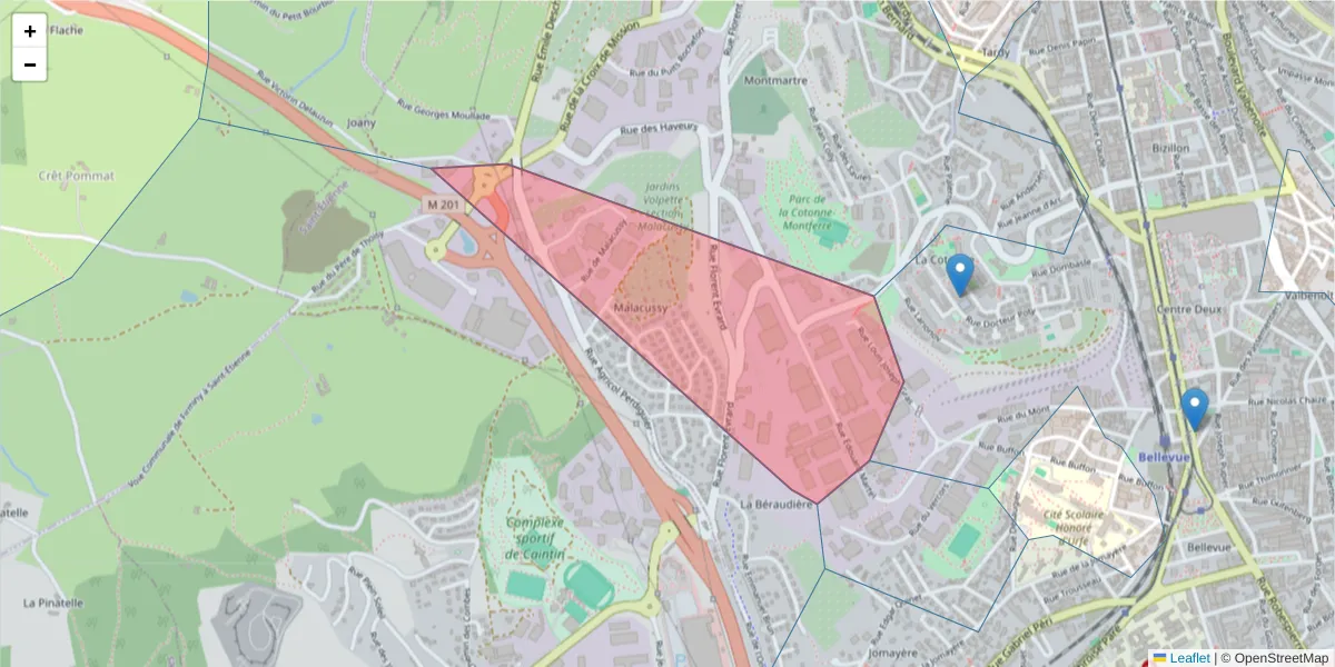 Carte de la zone du code postal  et des codes postaux voisins en France