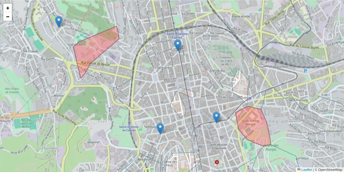 Carte de la zone du code postal  et des codes postaux voisins en France