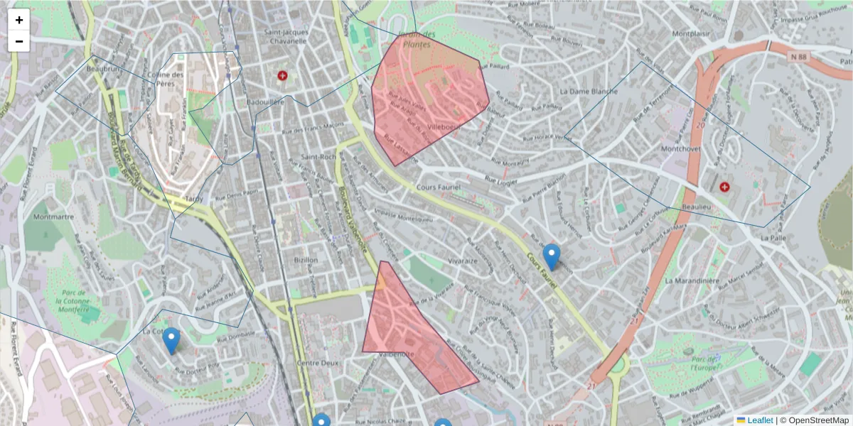 Carte de la zone du code postal  et des codes postaux voisins en France