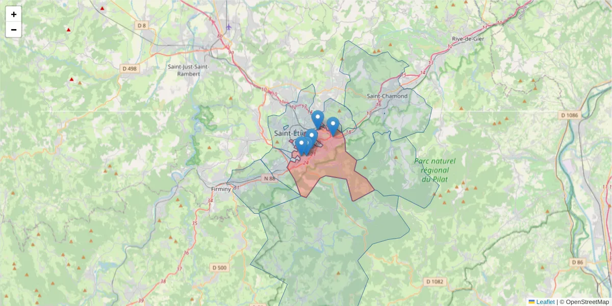 Carte de la zone du code postal  et des codes postaux voisins en France