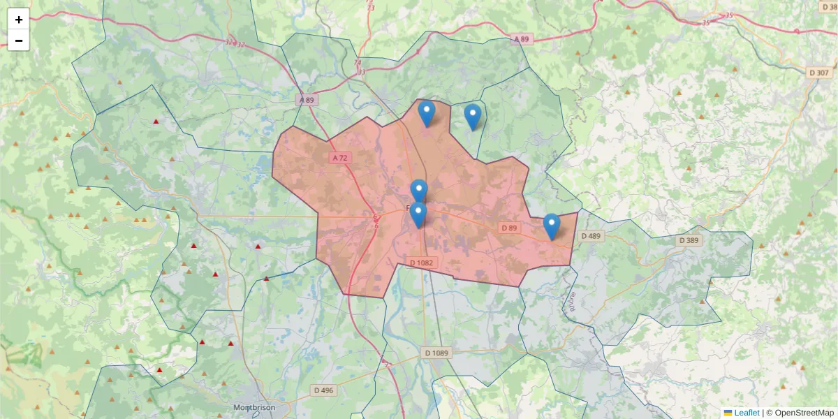 Carte de la zone du code postal  et des codes postaux voisins en France
