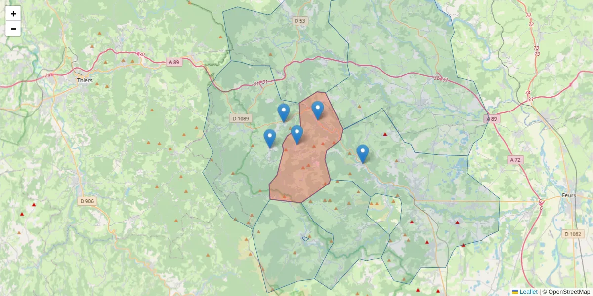 Carte de la zone du code postal  et des codes postaux voisins en France