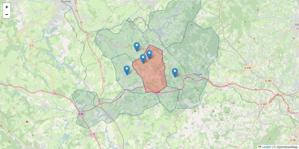 Carte de la zone du code postal  et des codes postaux voisins en France