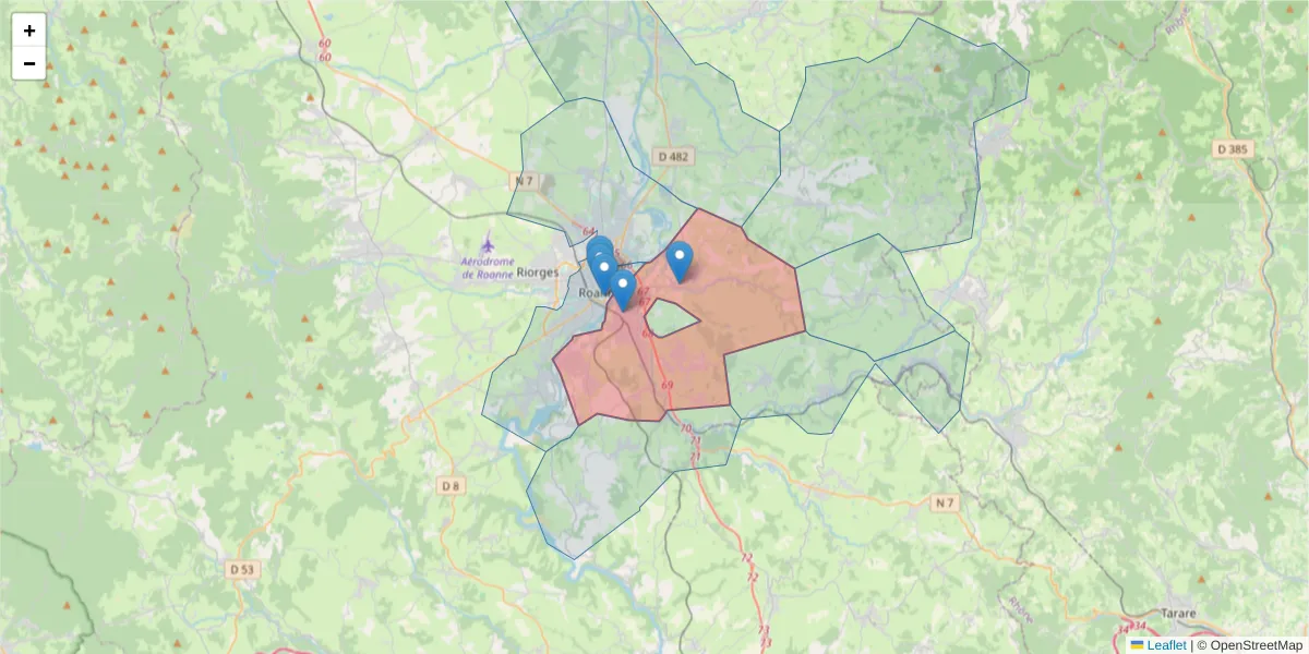 Carte de la zone du code postal  et des codes postaux voisins en France