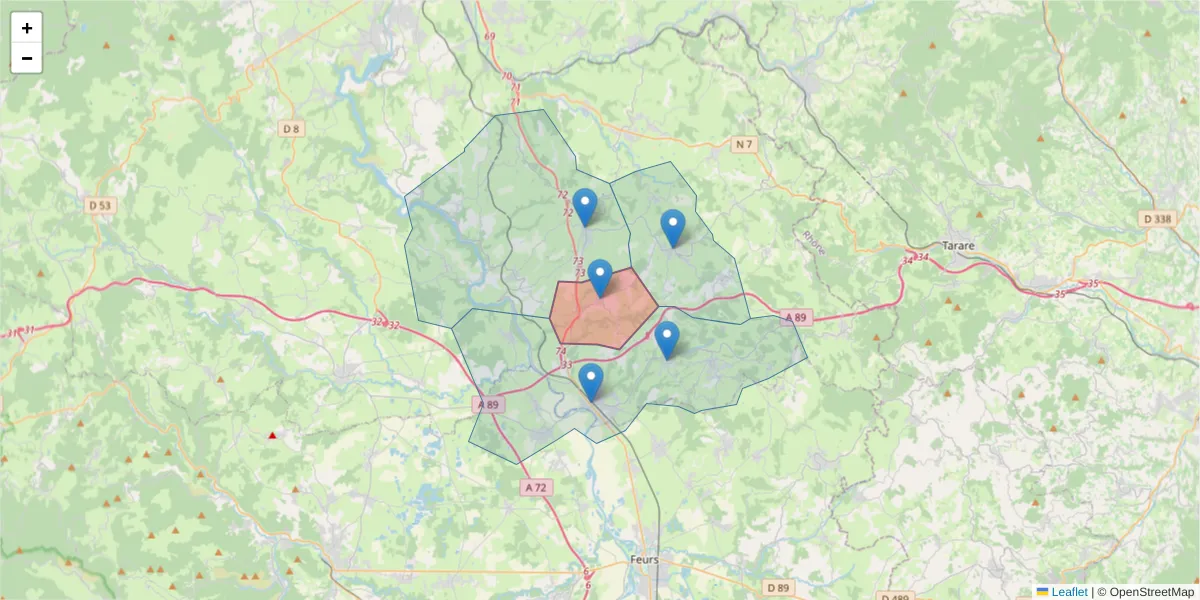 Carte de la zone du code postal  et des codes postaux voisins en France