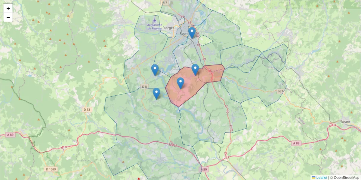 Carte de la zone du code postal  et des codes postaux voisins en France