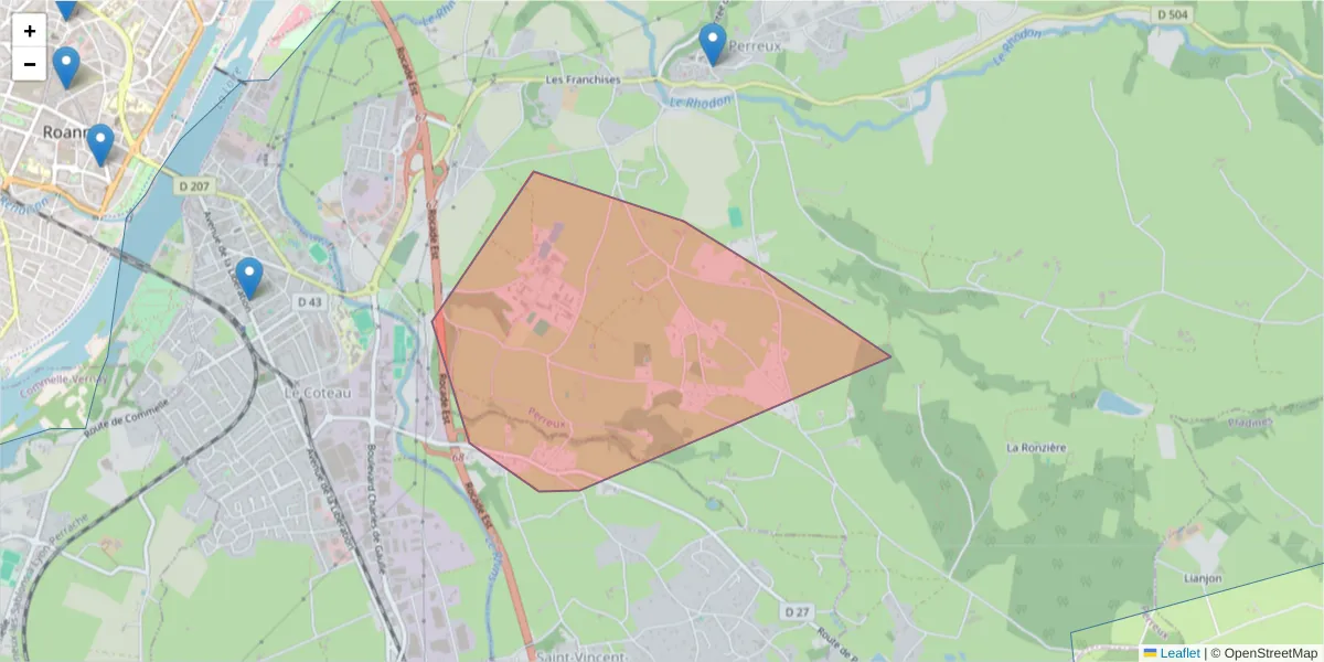 Carte de la zone du code postal  et des codes postaux voisins en France