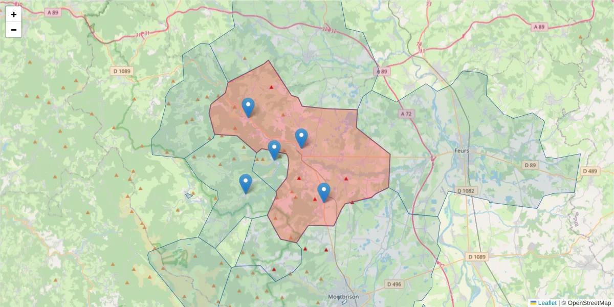 Carte de la zone du code postal  et des codes postaux voisins en France