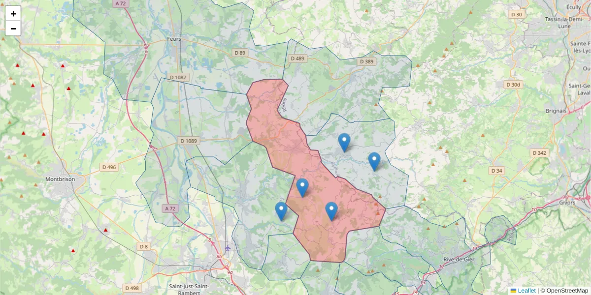 Carte de la zone du code postal  et des codes postaux voisins en France