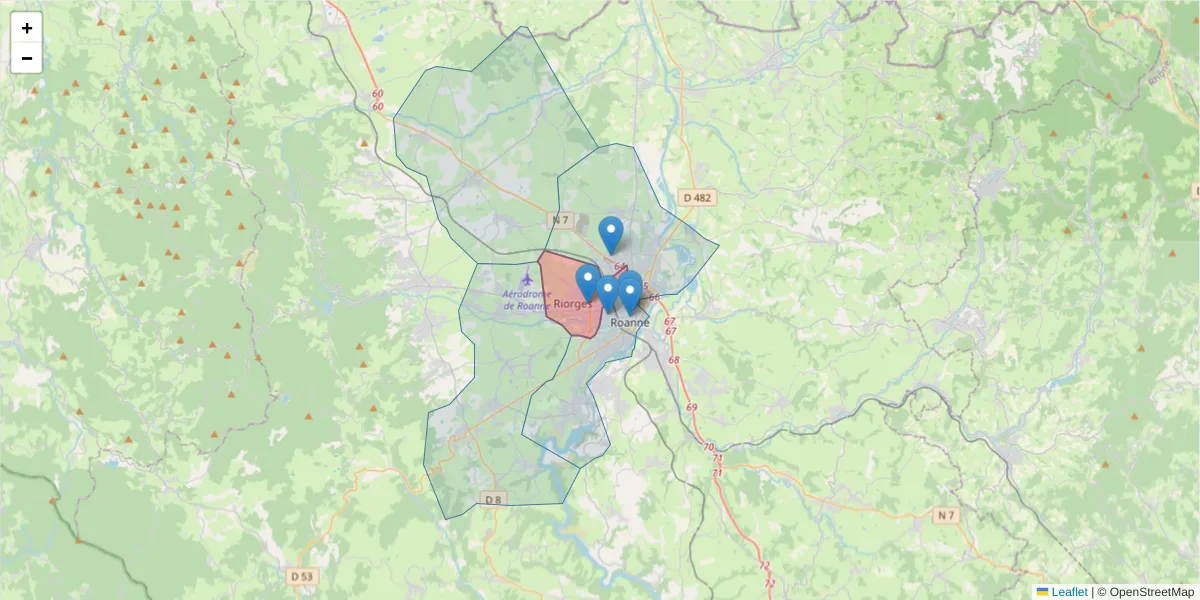 Carte de la zone du code postal  et des codes postaux voisins en France