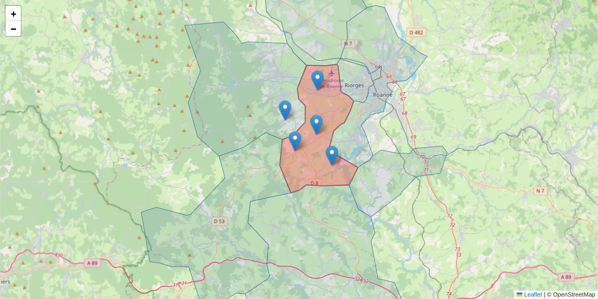 Carte de la zone du code postal  et des codes postaux voisins en France