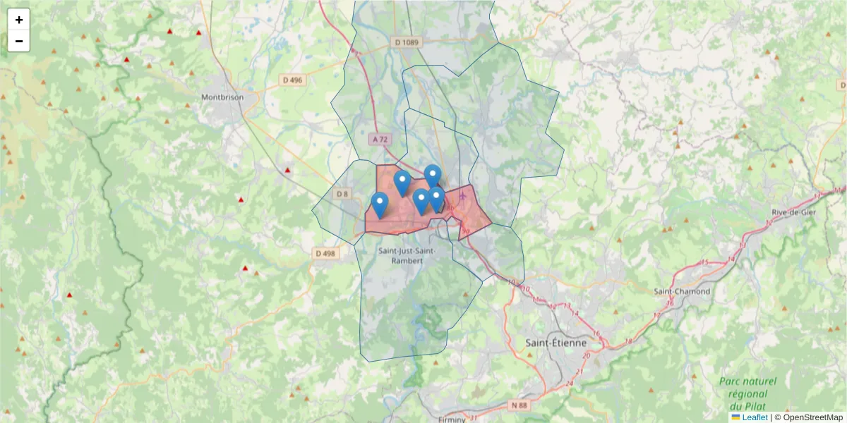 Carte de la zone du code postal  et des codes postaux voisins en France
