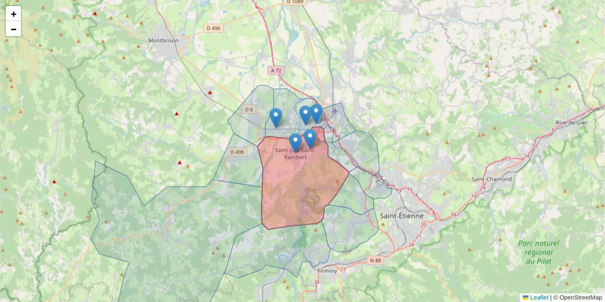 Carte de la zone du code postal  et des codes postaux voisins en France