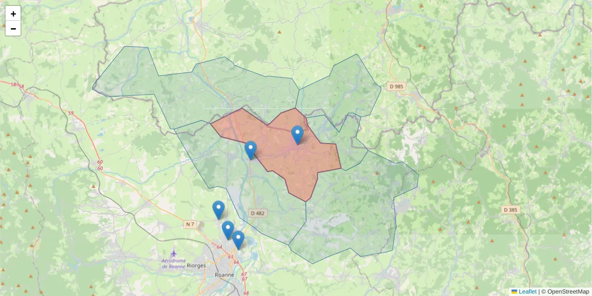 Carte de la zone du code postal  et des codes postaux voisins en France