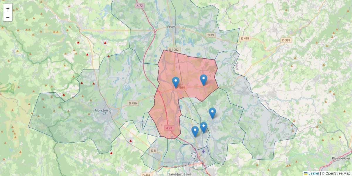 Carte de la zone du code postal  et des codes postaux voisins en France
