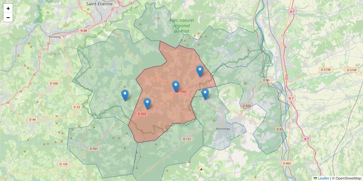 Carte de la zone du code postal  et des codes postaux voisins en France