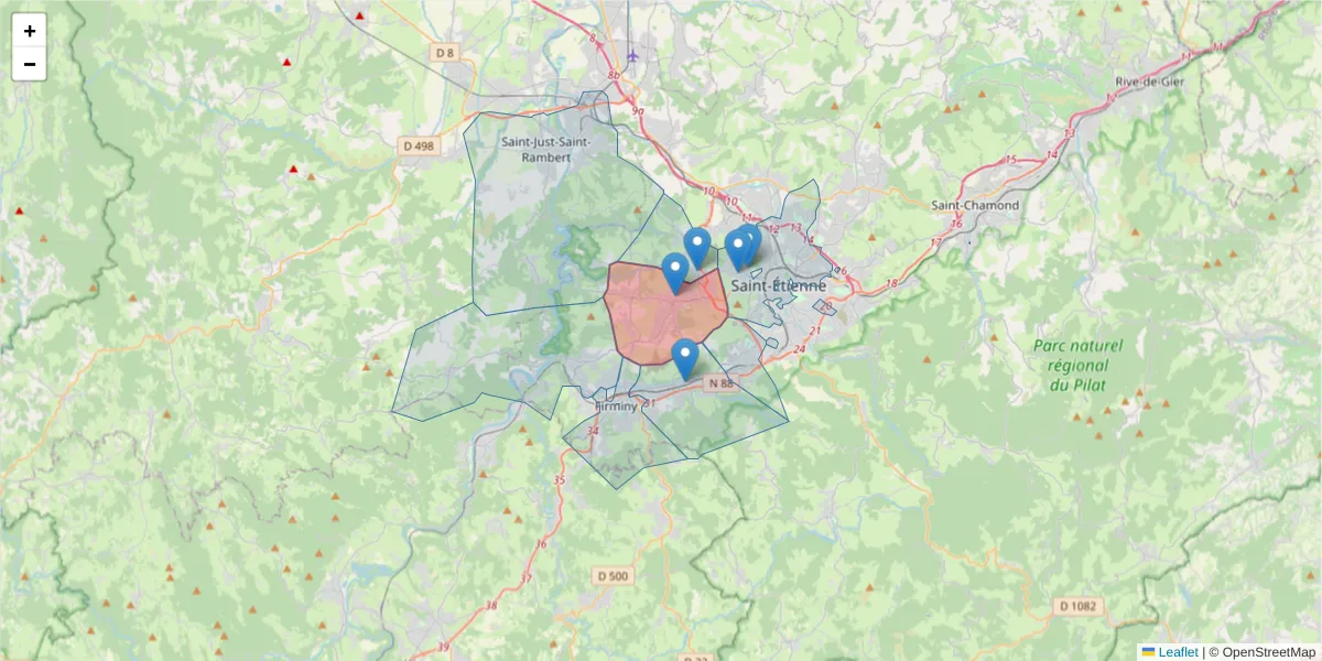 Carte de la zone du code postal  et des codes postaux voisins en France